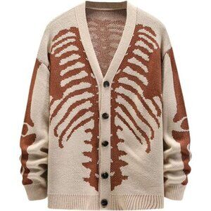 Skeleton Print Cardigan Sweater Beige Men's V-Neck